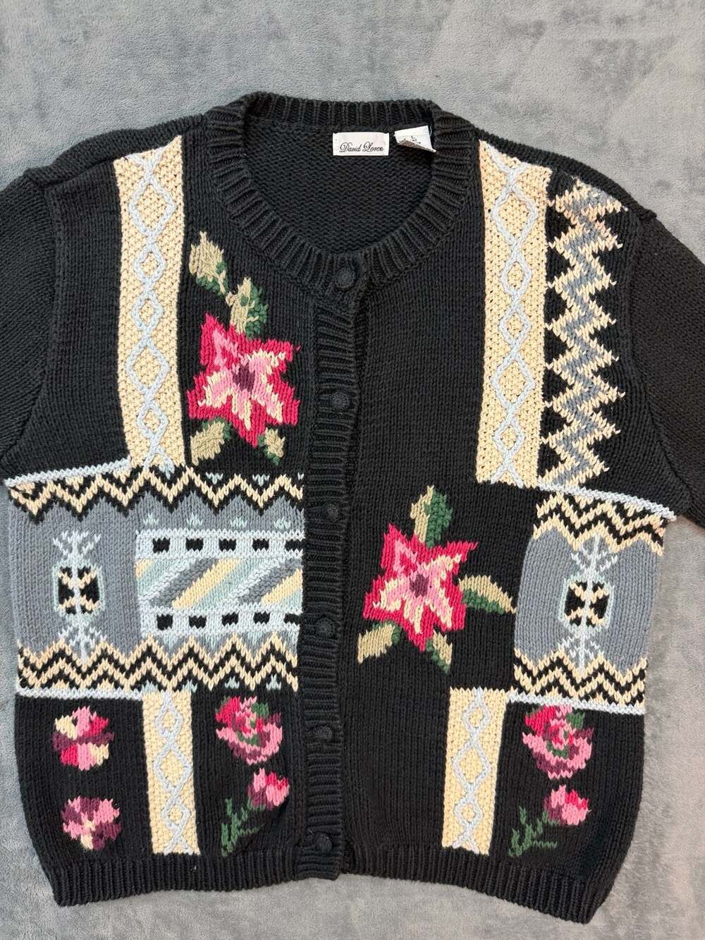 David Loren Floral Patchwork Knit Cardigan Size L Black